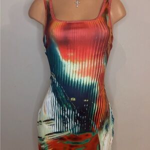 Pink and Blue Bodycon Mini Dress with Pleated Ribbed Style for Night Out